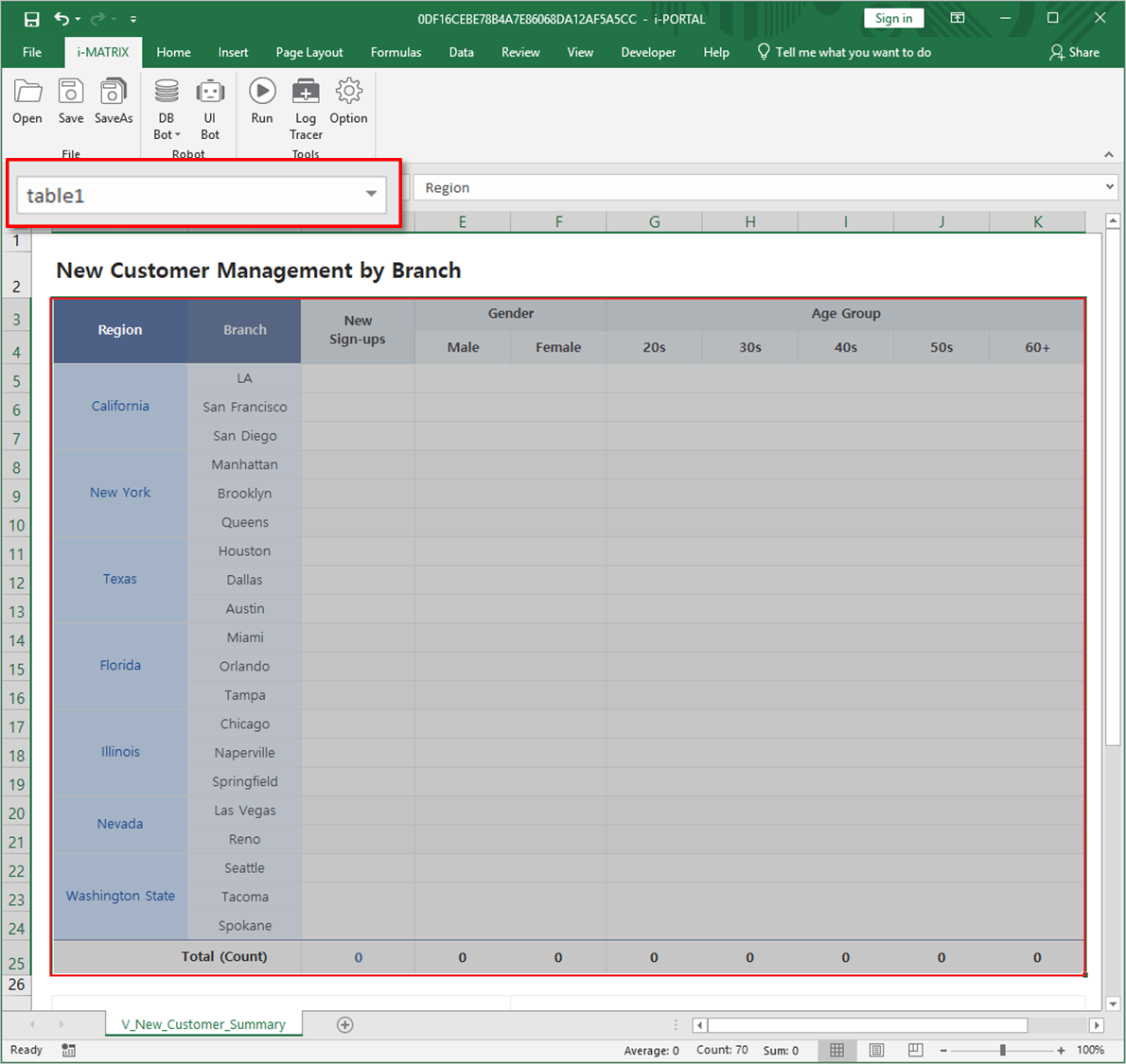 テーブルフォームを選択しtable1と命名