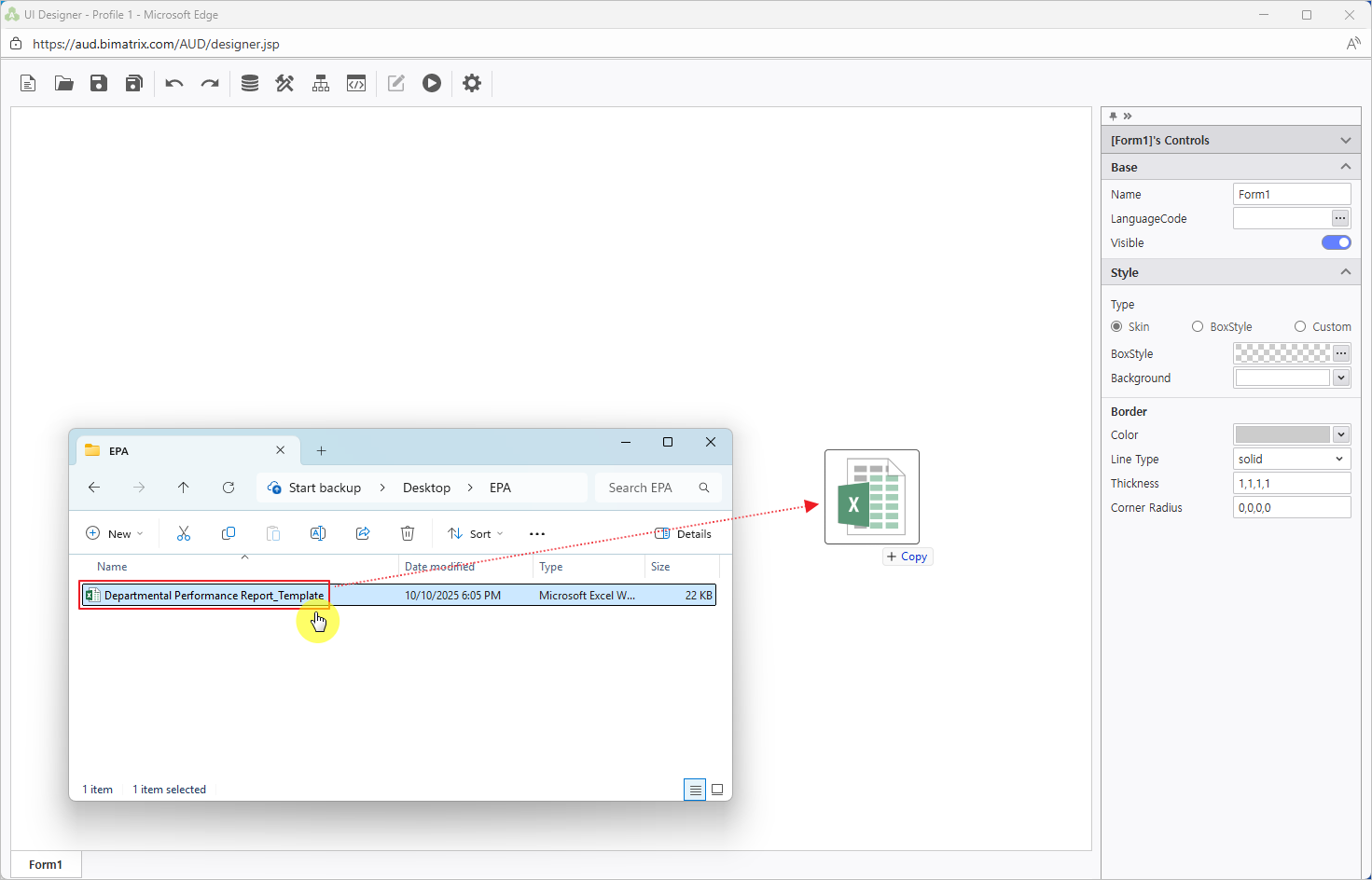 ドラッグ＆ドロップ Excel file into designer workspace