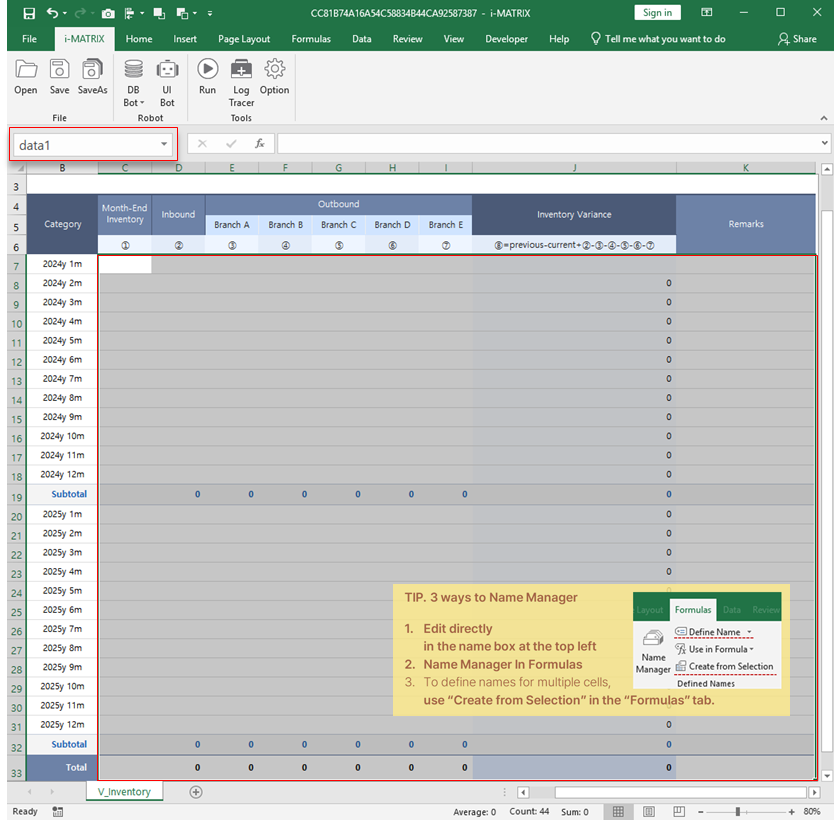 Name the データ入力 area as data1