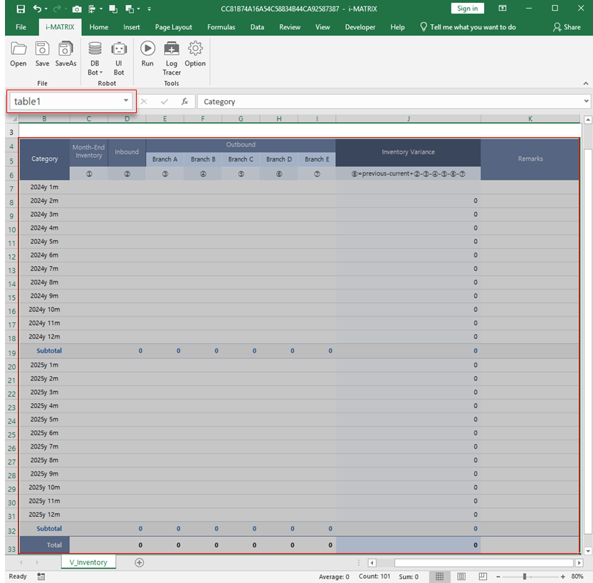 テーブルフォームを選択しtable1と命名